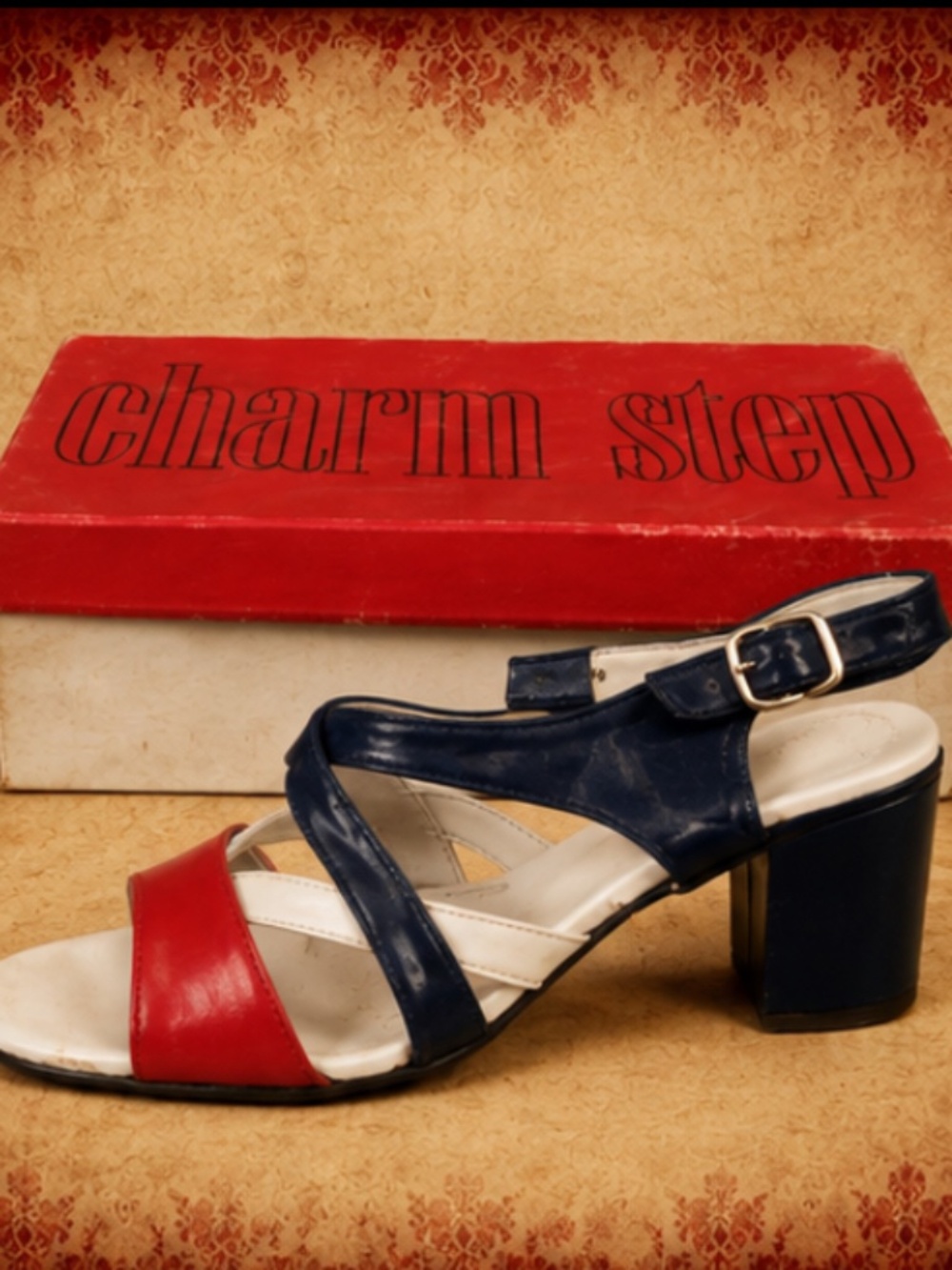 Vintage Charm Step Red White Blue Sandals Heels w/ Original Box 1960s 70s